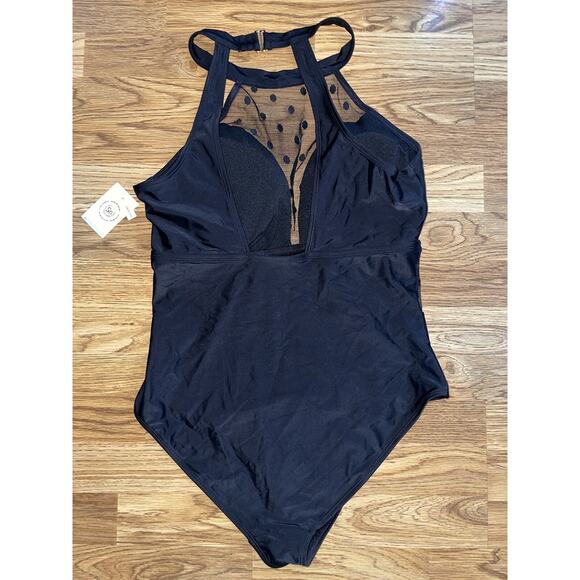 SO Juniors Plus Size 1x Black Halter Mesh One Piece Bathing Suit Swim Wear NWT - Picture 13 of 16